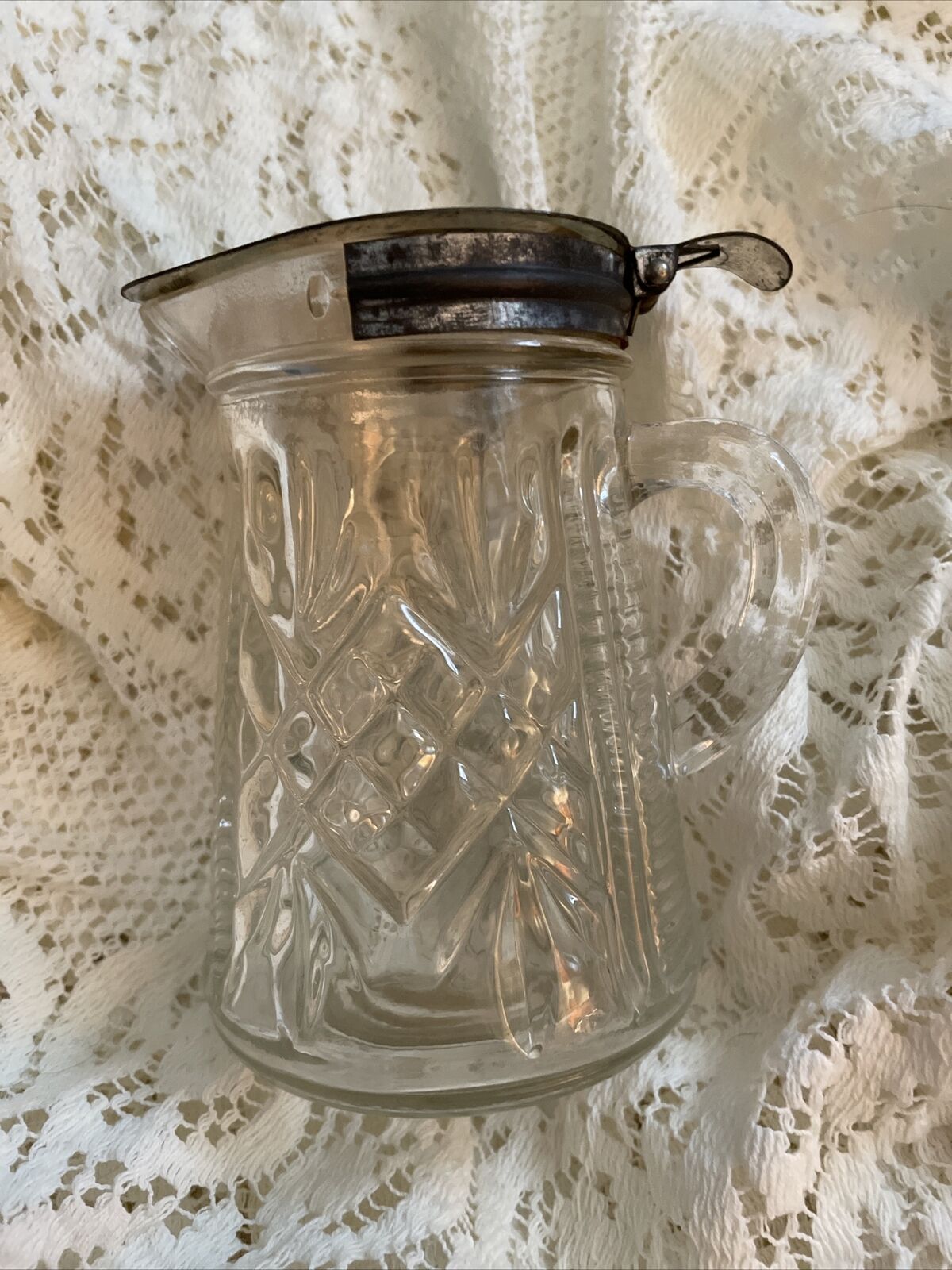 Vintage Syrup Dispenser Clear Glass Bottle Ribbed & Wheat Pattern Pitcher