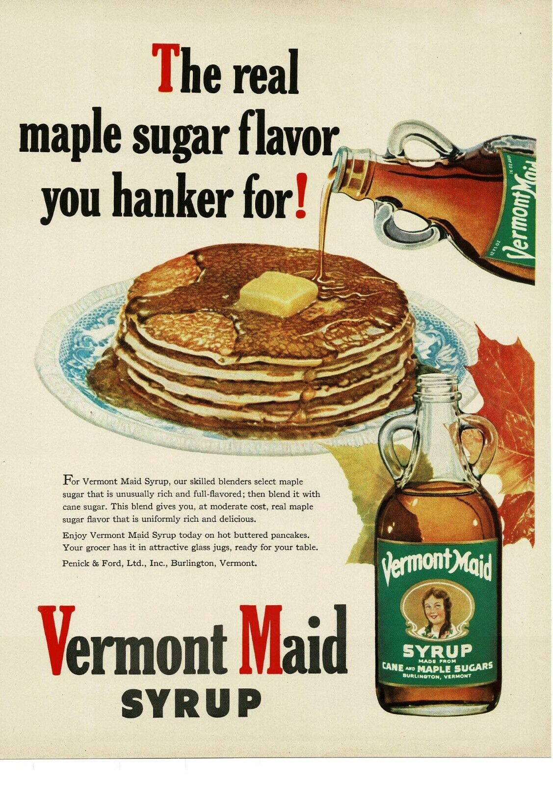 1950 Vermont Maid Syrup Stack Of Pancakes Breakfast Maple Vintage Ad