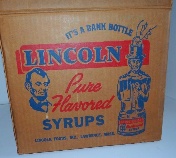 Vintage Advertising Cardboard Lincoln Syrup Bank Bottle Shipping Box