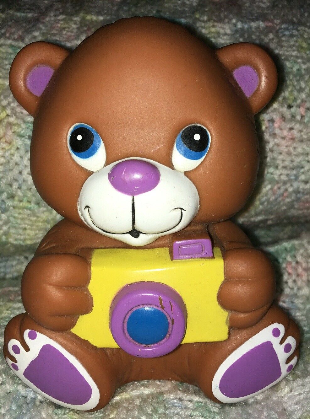 Vintage Adorable Shelcore Brown Bear With Camera Baby Squeak Toy Rare!! 1985
