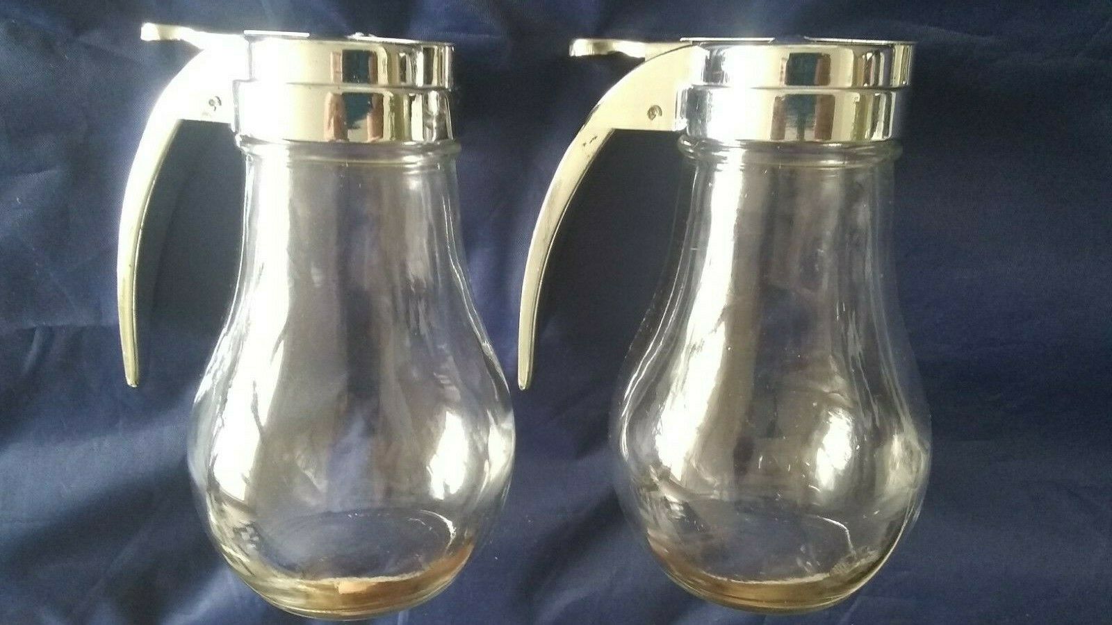 Two New Vintage 6” Tall Glass Metal Lid - Handle Maple Syrup Or Sugar Dispenser